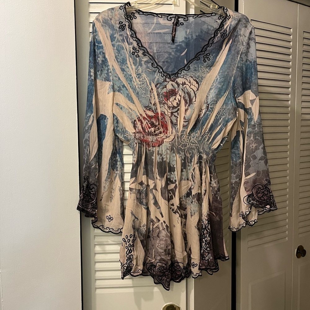 Mushka by Sienna Rose, Inc. Embroidered Sheer Tunic with Bell Sleeves, Large
